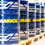 Mannol oil drums, oil barrels in warehouse for industrial editorials, marketing materials.