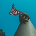 Upward perspective of the American flag on a flagpole against a clear blue sky.