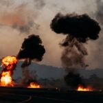 Dramatic scene with explosions and thick black smoke rising in an outdoor setting.