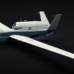 This image depicts a close-up view of a military MQ-4 reconnaissance drone. The unmanned aerial vehicle (UAV) has a slee