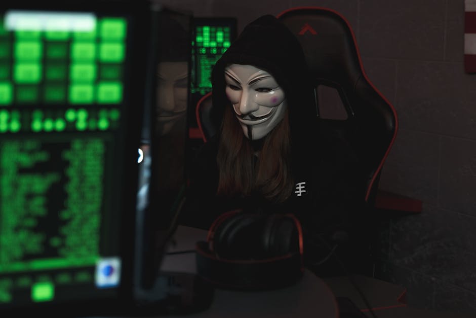 A mysterious hacker wearing a Guy Fawkes mask and black hoodie in a dimly lit room focused on computer screens.