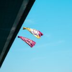 Two flags fly against a clear blue sky.