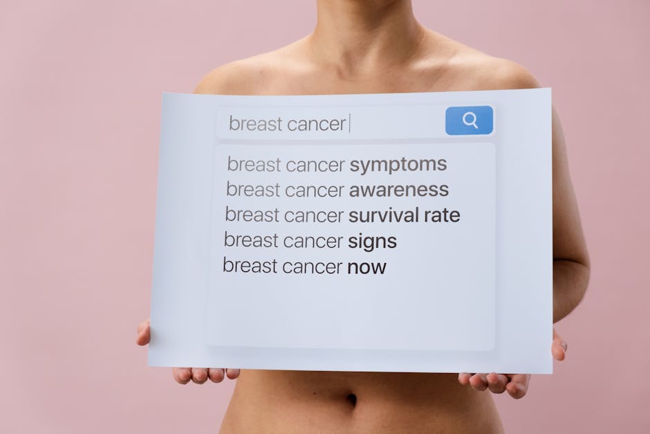 Image showing a person holding a breast cancer awareness sign with search terms.