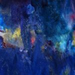 Dynamic abstract painting with vibrant blue hues and colorful textures for a modern aesthetic.