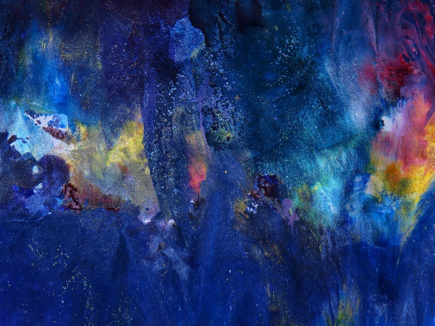 Dynamic abstract painting with vibrant blue hues and colorful textures for a modern aesthetic.