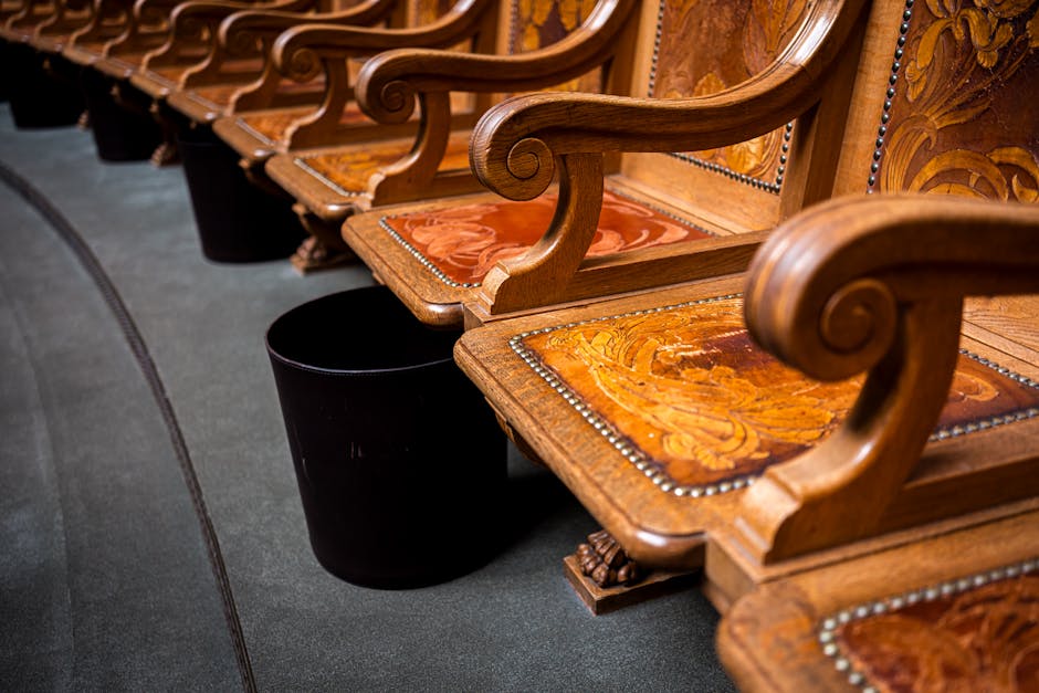 Detailed view of ornate wooden seats inside Bern's parliament building, showcasing craftsmanship.