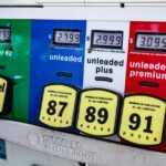 Close-up of a vintage gas pump station showing fuel prices and octane ratings in Los Angeles.