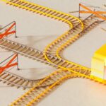 Colorful abstract design depicting rail tracks with blocks, illustrating choice and direction.