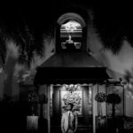 Artistic black and white wedding photo with dramatic lighting, featuring couple in formal attire.