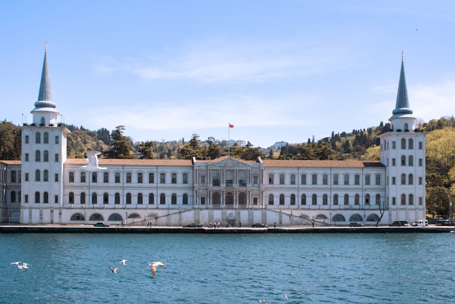 Historic Kuleli Military School on the Bosphorus in Istanbul, Türkiye with seagulls.