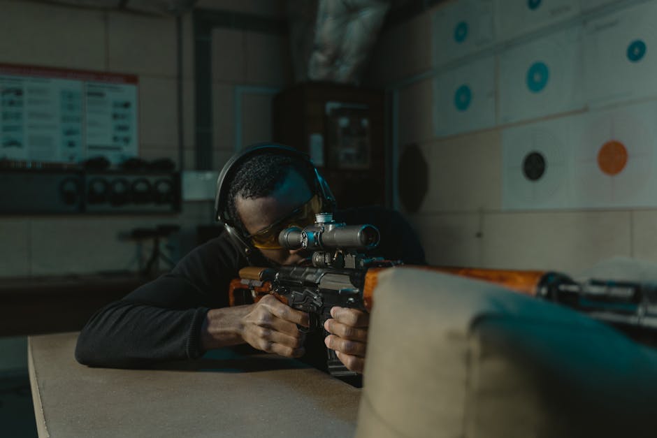 A determined man wearing ear and eye protection aims a rifle at a target in an indoor shooting range.