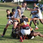 Dynamic rugby game showcasing teamwork and athleticism on a sunny day in South Africa.