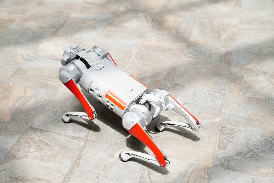 High-tech robotic dog on a tiled surface, showcasing cutting-edge robotics.