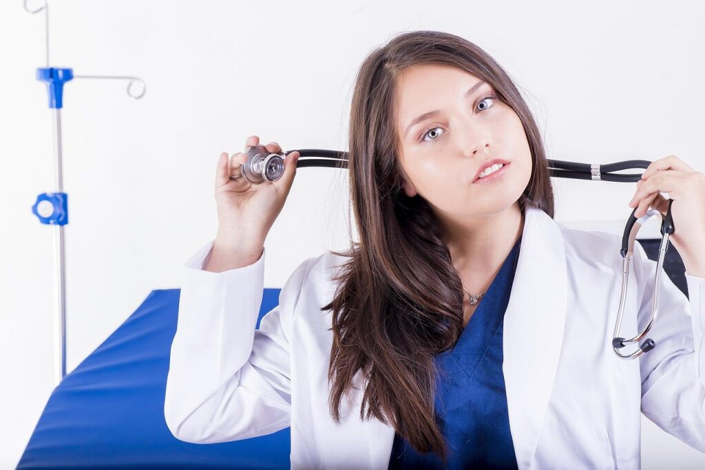 doctor, woman, professional, stethoscope, medicine, consulting room, examine, treatment, diagnosis, profession, health,