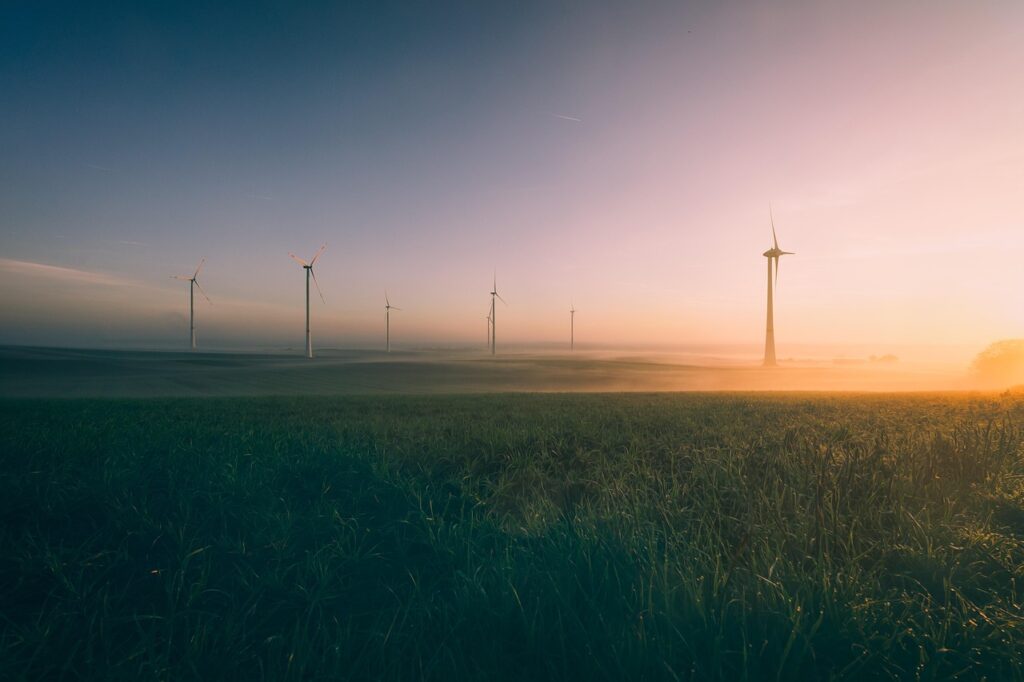 sunrise, windmills, pinwheels, dusk, sunset, nature, haze, landscape, wind energy, energy transition, environment, wind