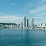Modern cityscape with skyscrapers and bridge over water