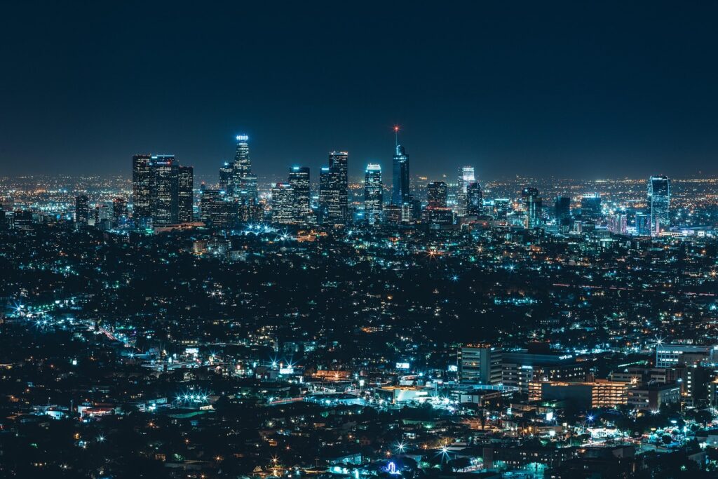 architecture, building, business, city, cityscape, night, illuminated, modern, skyline, skyscraper, tower, travel, urban