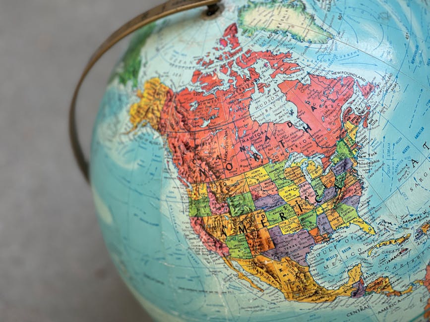 Detailed globe of North America highlighting countries and regions.