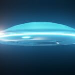 A glowing UFO with bright lights flying in a dark, mysterious sky.