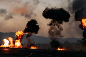 Dramatic scene with explosions and thick black smoke rising in an outdoor setting.