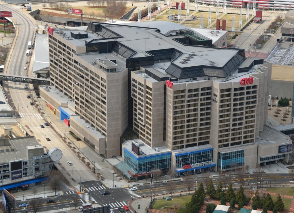 cnn building, news, aerial view, cityscape, landscape, buildings, famous, atlanta, georgia, city, urban, sky, town, arch