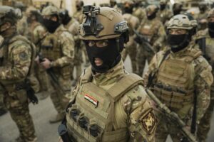 Group of soldiers in full combat gear, focused and prepared for action in a military operation setting.
