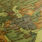Close-up view of Middle East map highlighting countries and borders.
