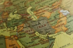 Close-up view of Middle East map highlighting countries and borders.