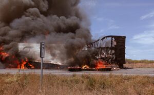 A large cloud of smoke emerges from a burning cargo box beside the road.