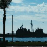 Silhouette of a navy warship in daylight, framed by palm trees and a clear sky.