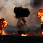 Intense outdoor scene with multiple fiery explosions creating dramatic clouds.