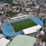 Aerial view of Kadiköy Stadium in Istanbul, showcasing an urban sports setting.