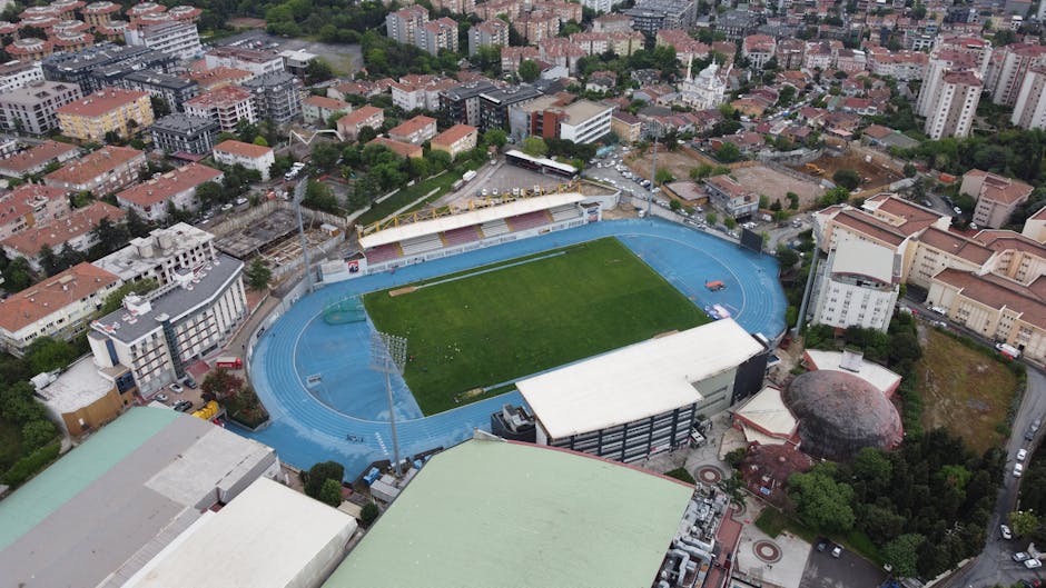 Aerial view of Kadiköy Stadium in Istanbul, showcasing an urban sports setting.