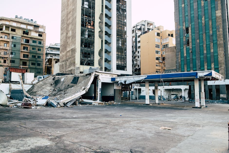 A striking image depicting the aftermath of destruction in Beirut, Lebanon's urban landscape.