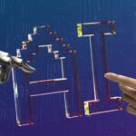 robot and human hands reaching toward ai text